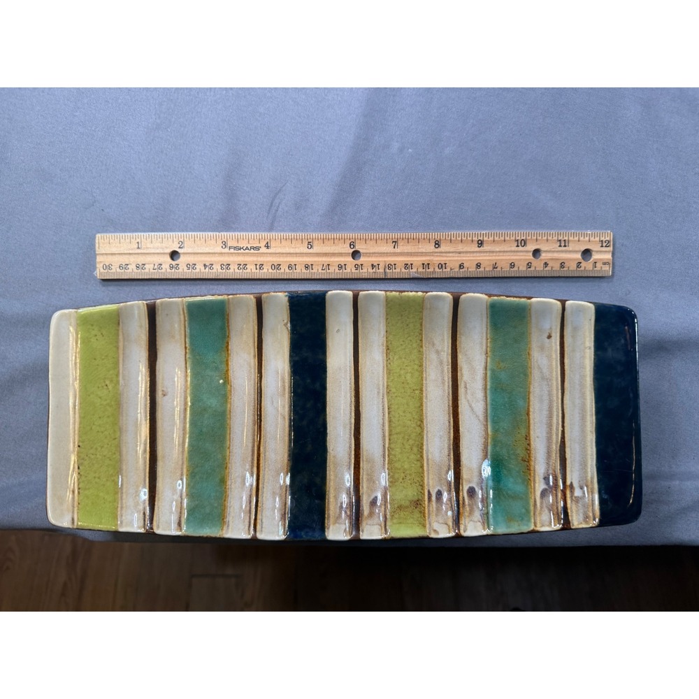 Ceramic Striped Rectangular Serving Tray Reactive Glaze Blue Green 12.5 Inch